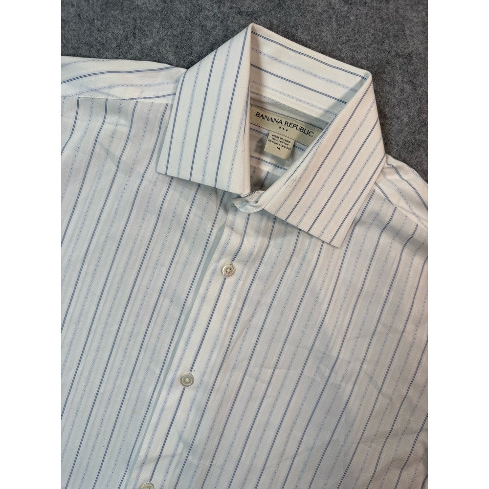 Banana‎ Republic Mens Medium White Blue Striped Cotton Long Sleeve Button Down